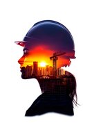 Double exposure silhouette of female construction engineer in hardhat combined with urban construction site and sunset cityscape against white background.