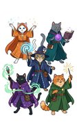 Anthropomorphic cats dressed as wizards and witches with magical powers, isolated on white background. Perfect for fantasy illustrations, children's books, and magical themed designs.