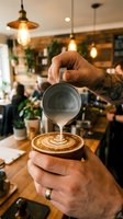 Barista hands pouring steamed milk into coffee cup creating latte art in cozy cafe with warm lighting and industrial pendant lamps for coffee shop marketing.