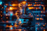 Scientific microscope with glowing DNA double helix strand in laboratory setting with bokeh lights background for medical research and biotechnology studies.