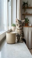 Adorable tabby kitten sitting on kitchen windowsill next to ceramic pot with houseplants and natural light creating cozy domestic atmosphere for pet care content.