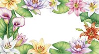 Watercolor floral frame with lilies, lotus flowers and tropical leaves on white background. Spring botanical border for wedding invitations and greeting cards.