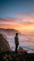 Man standing on rocky cliff overlooking ocean at sunset with dramatic golden sky and coastal cliffs. Use for travel, lifestyle, contemplation, and adventure marketing.