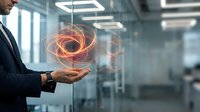 Professional businessman holding glowing energy sphere in modern office environment showcasing innovation and digital transformation concepts.