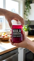 Two hands passing a jar of pink fermented probiotic drink in a bright modern kitchen with fruit bowl and plants in background.