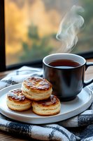 Steaming hot tea cup with golden flaky pastries on white plate, cozy morning breakfast scene with warm sunlight and soft textile background.