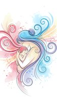 Young woman with flowing colorful hair in watercolor style with decorative swirls and splashes for wellness and beauty concepts.