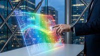 Businessman in dark suit interacting with colorful holographic data visualization displaying charts and graphs on table with city skyline background.