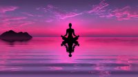 Silhouette of person meditating in lotus position on calm water surface during vibrant pink purple sunset with mountain backdrop and perfect reflection.