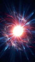 Radiant energy burst with red and blue light rays exploding from glowing center against dark space background. Use for sci-fi, technology, and cosmic designs.