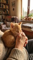 Ginger kitten resting on senior woman's lap in cozy home library with bookshelves, sunlit window, and potted plants creating warm domestic atmosphere.
