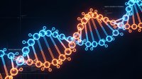Glowing neon DNA helix with blue and orange lights on dark background, representing genetic science, biotechnology, and molecular research for medical and educational use.