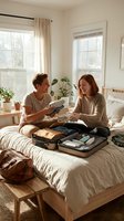 Young couple packing luggage on bed in bright bedroom with windows, planning trip together, organizing clothes and travel essentials for vacation.