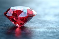 Brilliant red ruby gemstone on textured surface with dramatic lighting and reflections, showcasing luxury and precision cut facets in close-up macro photography.