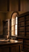 Classic law library interior with scales of justice on wooden desk surrounded by leather-bound legal books and arched window casting warm natural light.