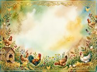 Vintage farmyard scene with roosters, hens, and ornate golden floral border frame with watercolor sky background, suitable for rustic home decor and greeting cards.