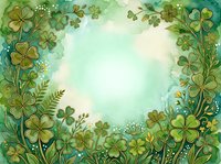 Watercolor green clover frame with four-leaf shamrocks and floral elements on a soft teal background for St. Patricks Day designs.