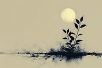 Minimalist Asian ink painting style landscape with full moon and plant silhouette, perfect for meditation spaces, book covers, and zen interior design projects.