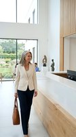 Professional mature businesswoman walking through modern luxury home interior with wooden accents and large windows for lifestyle and real estate concepts.