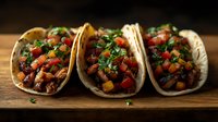 Mexican street tacos filled with colorful vegetable mix of beans, corn, tomatoes and fresh cilantro garnish on rustic wooden board, traditional cuisine.
