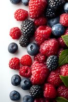 Fresh mixed berries background with ripe raspberries, blackberries and blueberries scattered on white surface, macro food photography with green leaves.