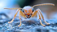 Extreme close up macro photography of orange ant head with antennae on blue textured surface showing detailed facial features and compound eyes in sharp focus.