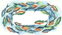 Colorful tropical fish swimming in circular formation creating natural frame with white center space for text or design elements on transparent background.