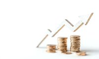 Stacked gold coins with upward trending arrow showing financial growth and investment success on white background, suitable for business presentations.