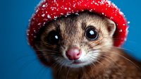 Adorable ferret wearing festive red knitted hat with white snowflakes against bright blue background for holiday greeting cards and winter celebrations.