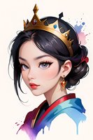 Asian fantasy princess with golden crown and blue eyes, wearing traditional royal attire against watercolor background. Stylized digital art portrait shows detailed makeup and jewelry.