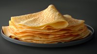 Stack of thin golden crepes on dark plate against black background, fresh homemade pancakes with delicate lacy edges and layered texture for food photography.