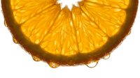 Slice of orange fruit with water droplets on white background, suitable for food and beverage design projects.
