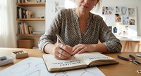 Caucasian middle-aged woman jewelry designer sketching business ideas in notebook at wooden desk in creative studio workspace.