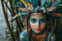 Young woman with turquoise face paint and elaborate feathered headdress in tribal warrior costume for cultural festival or theatrical performance.
