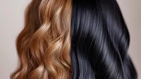 Contrasting hair textures showing blonde wavy and black straight hair side by side on neutral background, demonstrating hair color transformation and styling techniques.