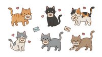 Adorable cartoon cats holding love letters and envelopes with hearts floating around them on white background isolated for design projects.