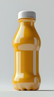Orange juice bottle with white cap on neutral background for beverage packaging design and healthy drink marketing materials.