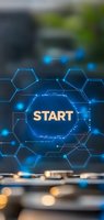 Glowing start button surrounded by futuristic hexagonal network pattern and blue light effects on blurred background, suitable for technology and business concepts.