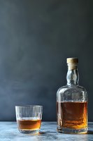 Glass of whiskey and bottle on dark background with dramatic lighting and smoke effects, luxury spirits photography for bar and restaurant promotion.