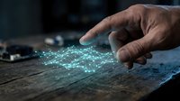 Male hand touching glowing digital network mesh on wooden surface, representing technology connection, data transfer, and innovation in business and communication.