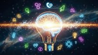 Creative lightbulb with glowing brain inside surrounded by colorful innovation icons representing ideas, technology and business concepts on dark background.