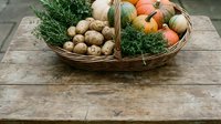 Wicker basket filled with fresh organic vegetables including potatoes, pumpkins, and herbs on rustic wooden surface for autumn harvest and farm market designs.