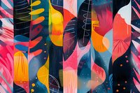Abstract colorful pattern with organic shapes, tropical leaves and geometric elements in vibrant pink, orange, blue and black tones creating dynamic composition.