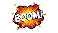 Comic book explosion with BOOM text in bold letters surrounded by colorful burst effects and stars on white background for graphic design projects.
