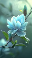 Delicate light blue magnolia flower with water drops on petals against soft green background, morning dew on leaves creates dreamy natural atmosphere.