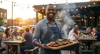 Smiling African American chef holding grilled meat platter at outdoor restaurant patio with string lights and diners enjoying evening meal during sunset.