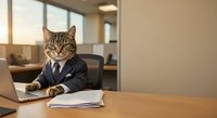 Professional tabby cat in business suit working at laptop in modern office environment for corporate humor and workplace concepts.