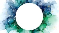 Abstract watercolor frame with blue and green splashes surrounding white circle for text or logo placement in modern artistic design projects.