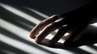 Hand reaching through dramatic window light and shadows creating geometric pattern on dark surface, artistic moody composition for creative design projects.