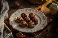 Gourmet chocolate truffles with dark and white chocolate stripes on vintage porcelain plate. Moody food photography with warm lighting and rustic wooden background.